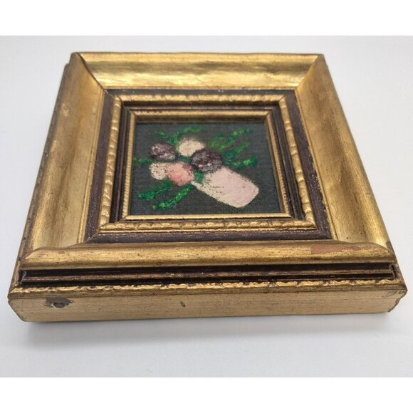 Vintage Miniature Original Floral Painting on Fabric Framed Art 3.5" x 3.5" - Picture 6 of 9